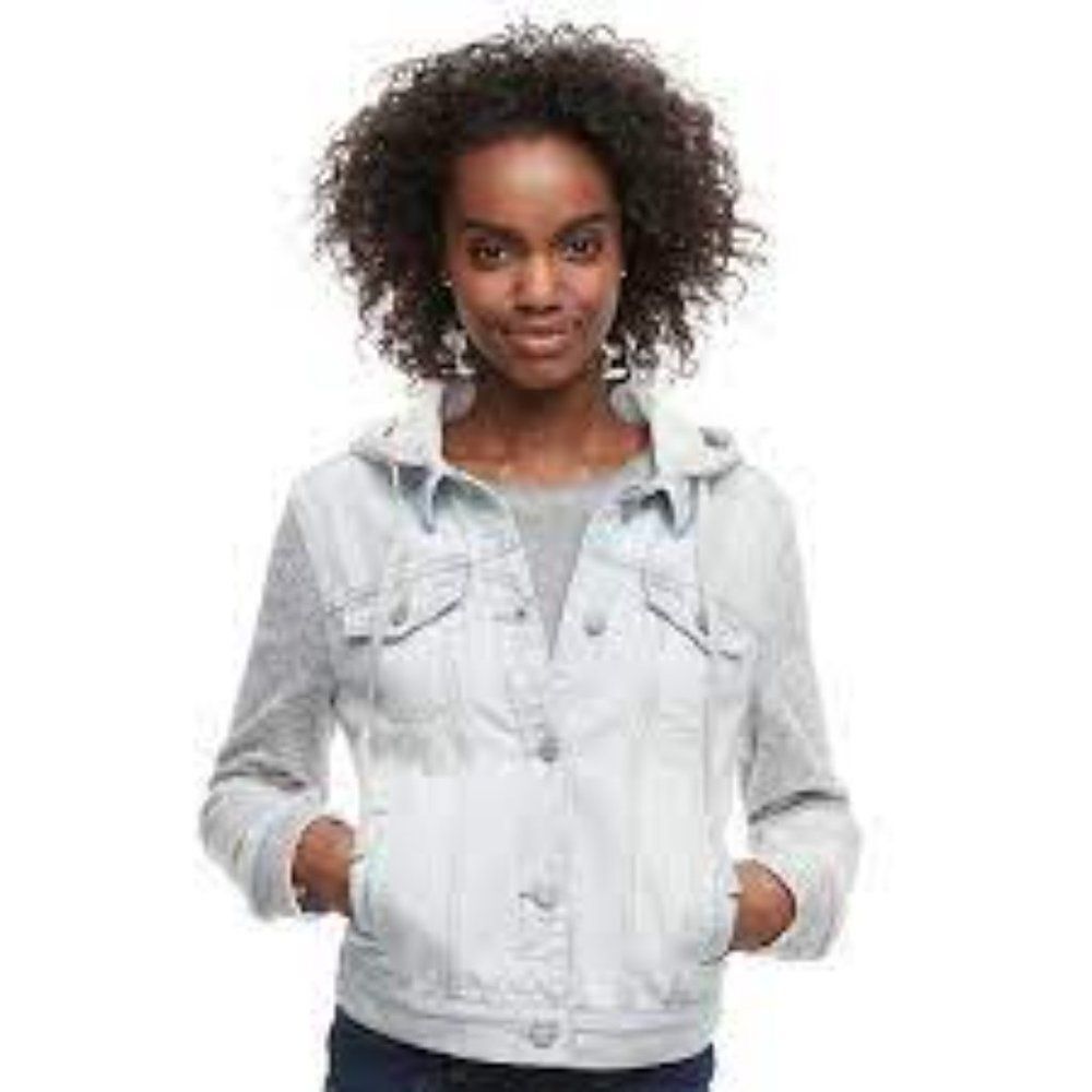 MUDD GRAY AND WHITE Y2K JEAN JACKET WITH KNIT SLEEVES - SZ S